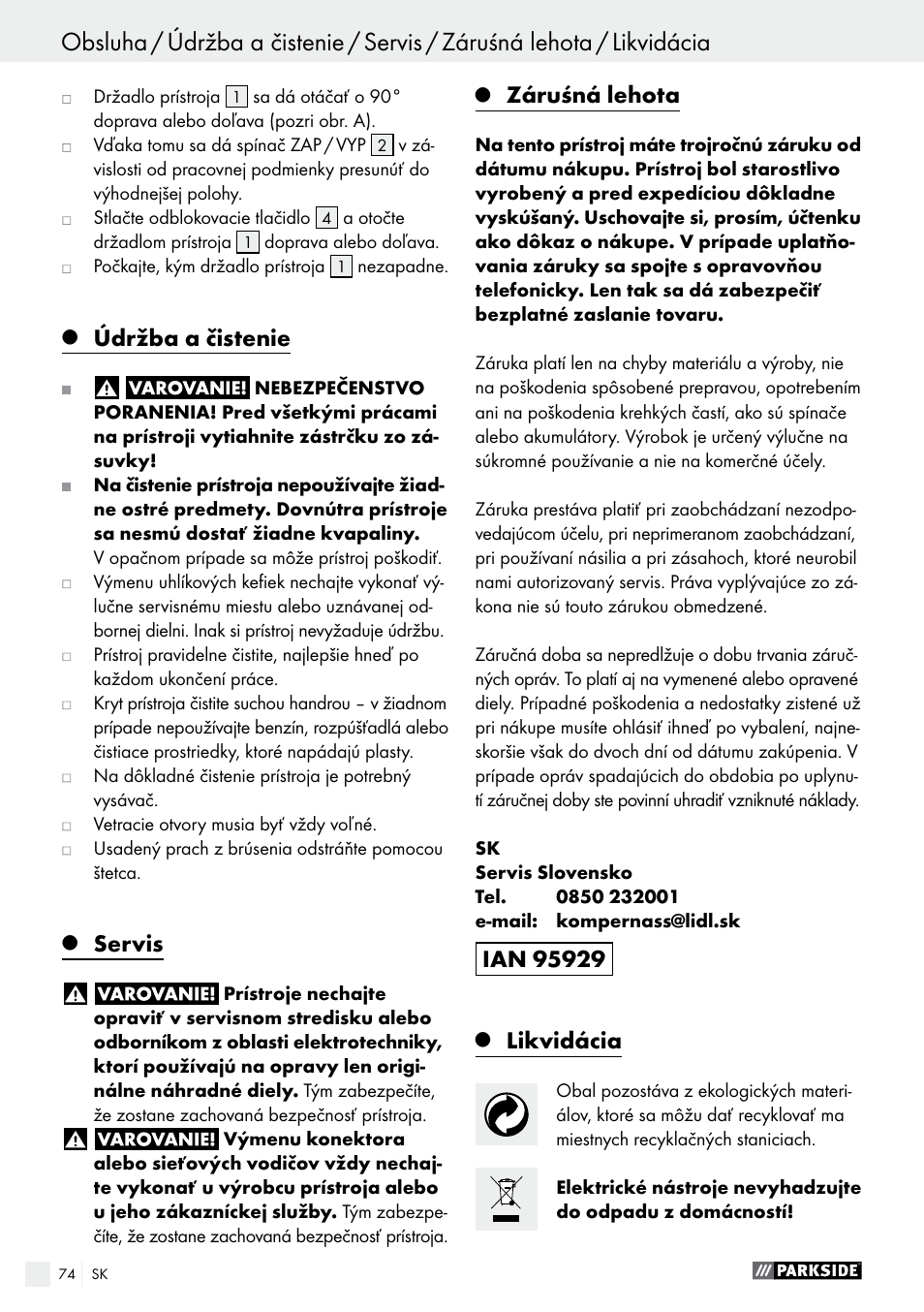 Údržba a čistenie, Servis, Záruśná lehota | Likvidácia | Parkside PWS 230 A1 User Manual | Page 74 / 91