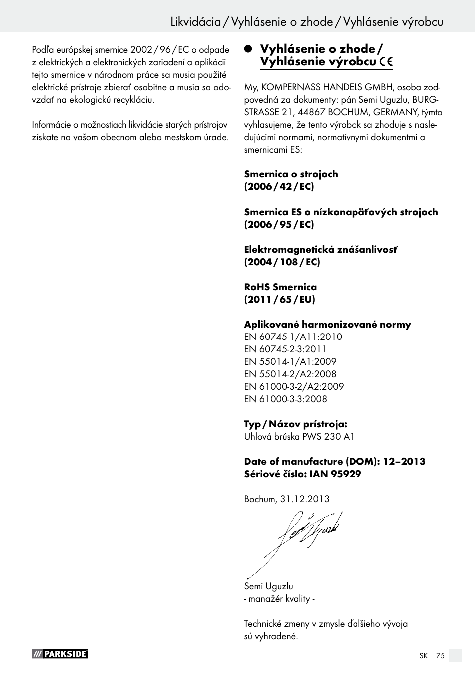 Vyhlásenie o zhode / vyhlásenie výrobcu | Parkside PWS 230 A1 User Manual | Page 75 / 91