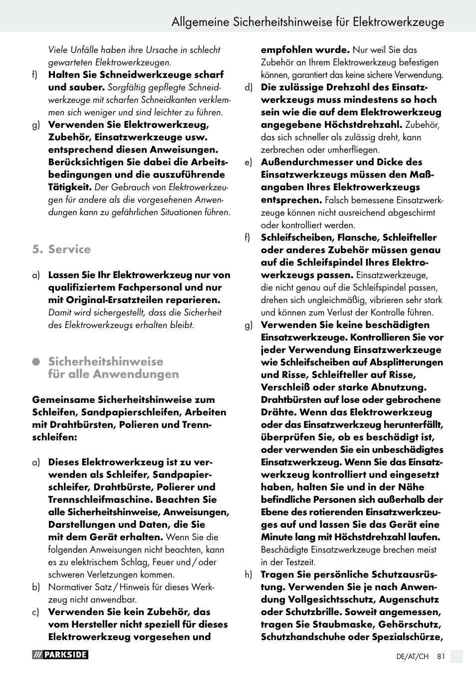 Service, Sicherheitshinweise für alle anwendungen | Parkside PWS 230 A1 User Manual | Page 81 / 91