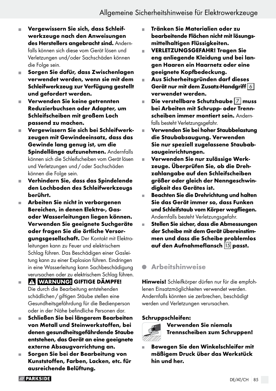 Arbeitshinweise | Parkside PWS 230 A1 User Manual | Page 85 / 91