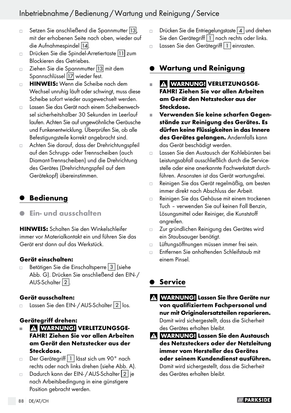 Bedienung, Ein- und ausschalten, Wartung und reinigung | Service | Parkside PWS 230 A1 User Manual | Page 88 / 91