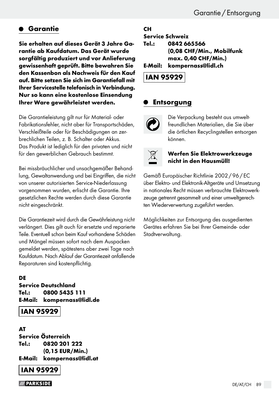 Garantie, Entsorgung | Parkside PWS 230 A1 User Manual | Page 89 / 91