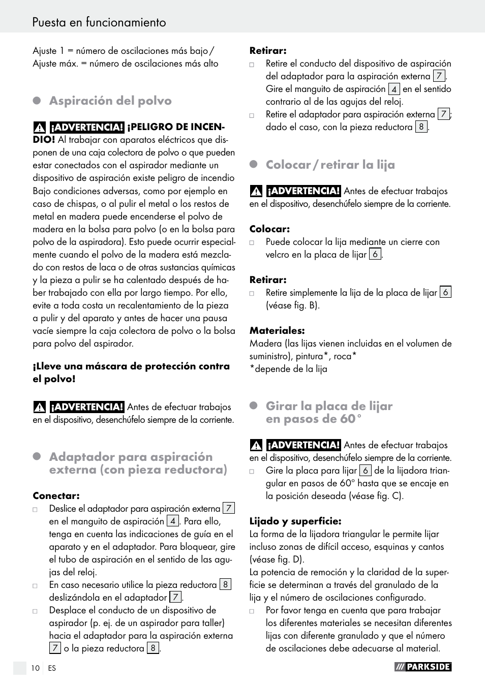 Aspiración del polvo, Colocar / retirar la lija, Girar la placa de lijar en pasos de 60 | Parkside PDS 290 A1 User Manual | Page 10 / 39