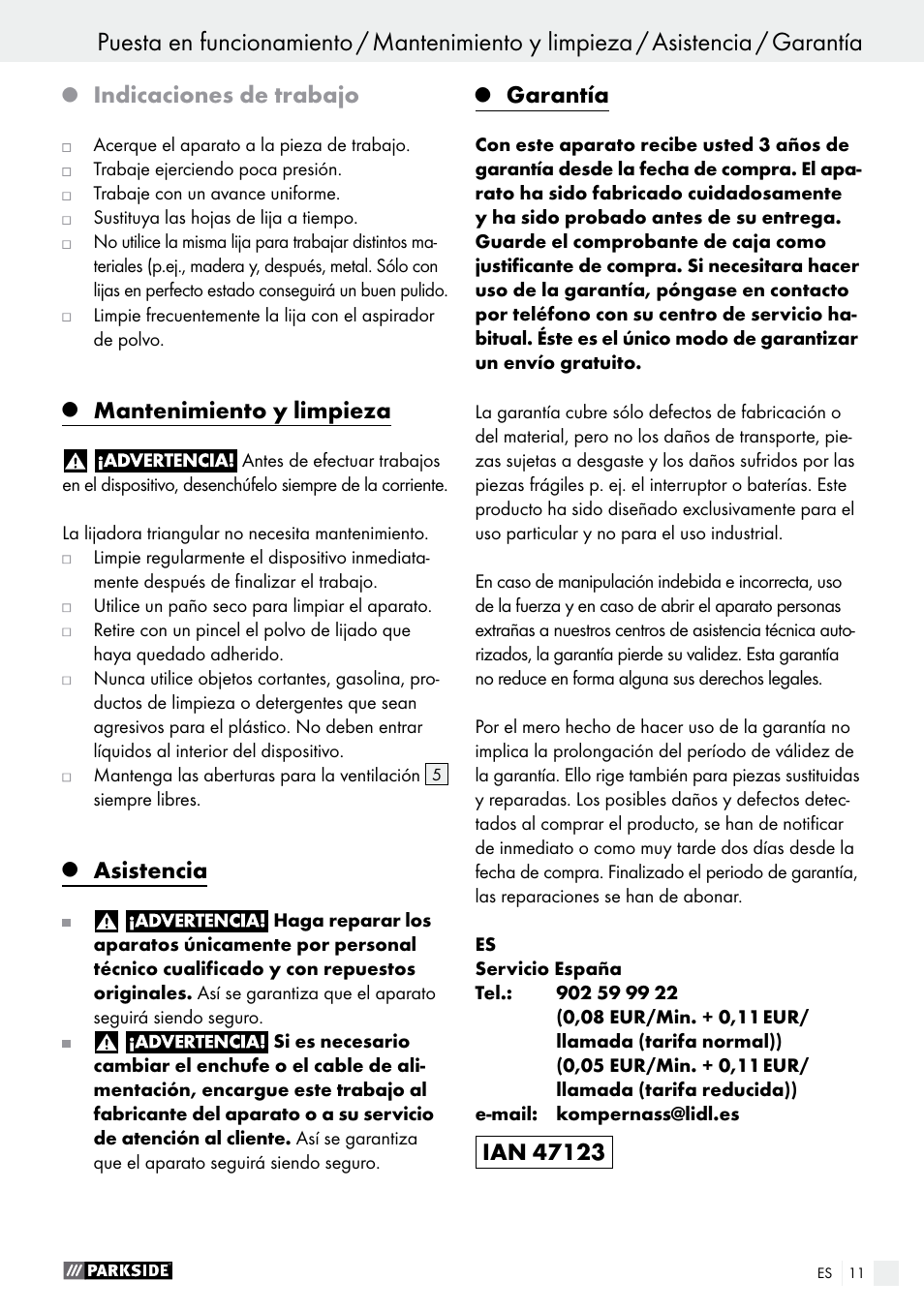 Puesta en funcionamiento, Indicaciones de trabajo, Mantenimiento y limpieza | Asistencia, Garantía | Parkside PDS 290 A1 User Manual | Page 11 / 39