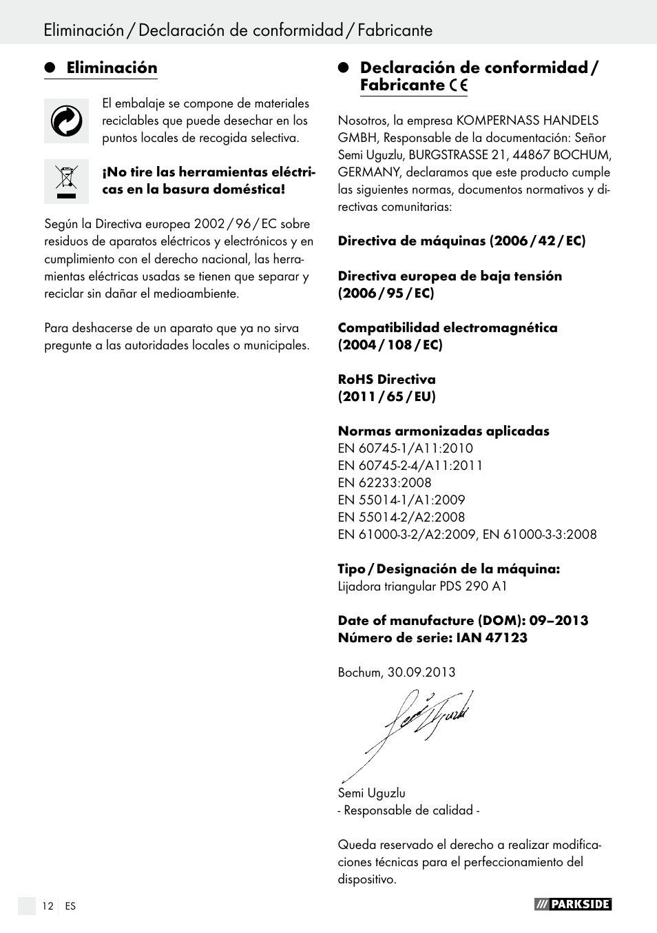 Eliminación, Declaración de conformidad / fabricante | Parkside PDS 290 A1 User Manual | Page 12 / 39