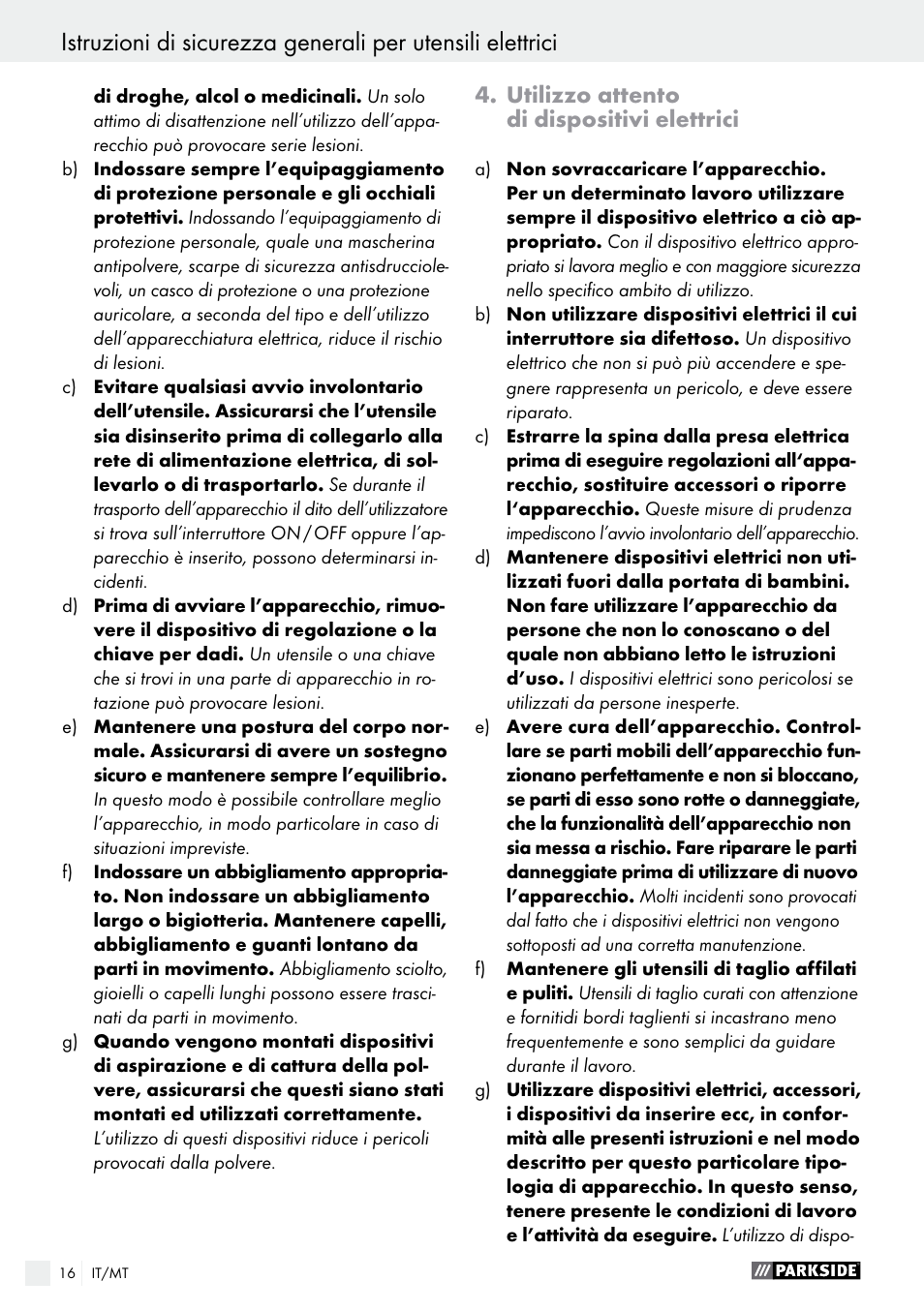 Utilizzo attento di dispositivi elettrici | Parkside PDS 290 A1 User Manual | Page 16 / 39