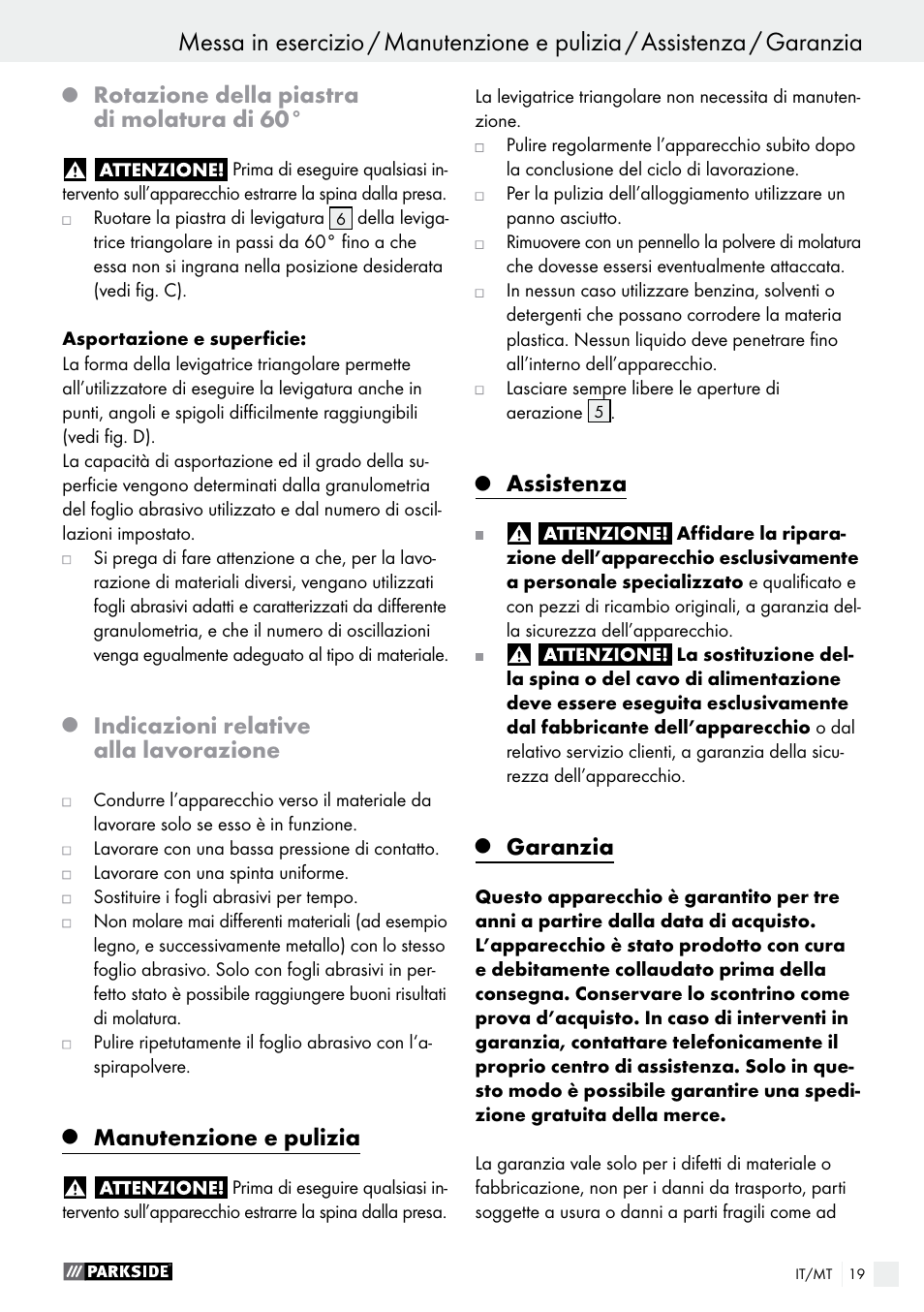 Rotazione della piastra di molatura di 60, Indicazioni relative alla lavorazione, Manutenzione e pulizia | Assistenza, Garanzia | Parkside PDS 290 A1 User Manual | Page 19 / 39