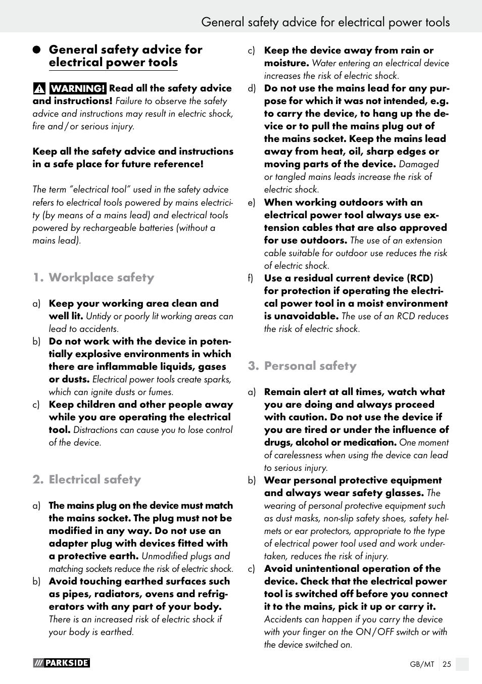 Introduction, General safety advice for electrical power tools, Workplace safety | Electrical safety, Personal safety | Parkside PDS 290 A1 User Manual | Page 25 / 39