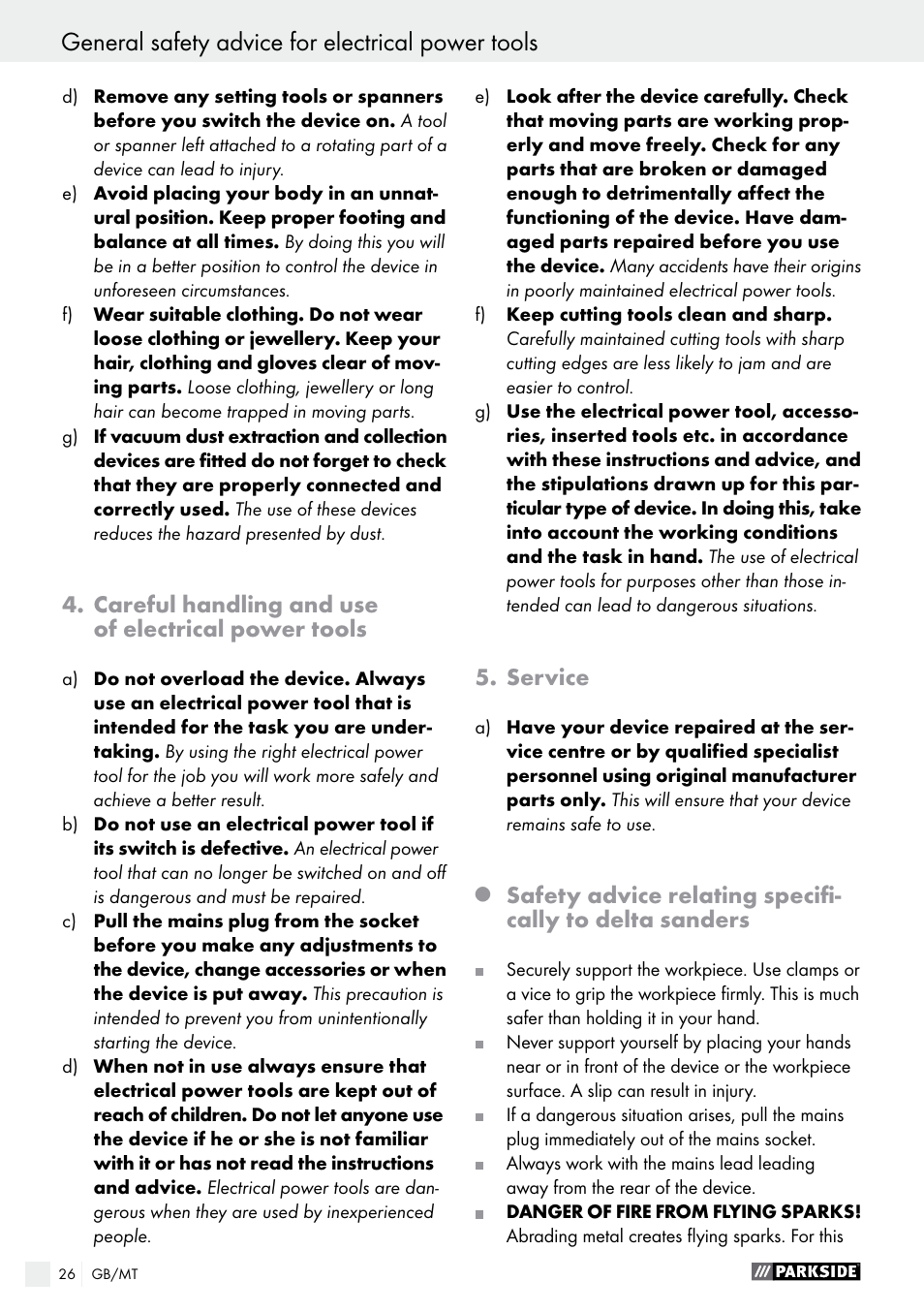 Careful handling and use of electrical power tools, Service | Parkside PDS 290 A1 User Manual | Page 26 / 39