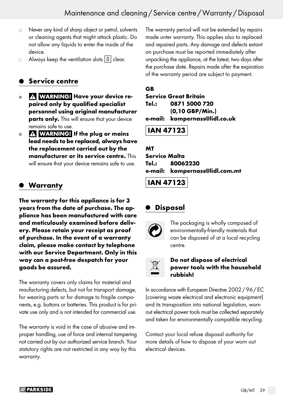 Service centre, Warranty, Disposal | Parkside PDS 290 A1 User Manual | Page 29 / 39