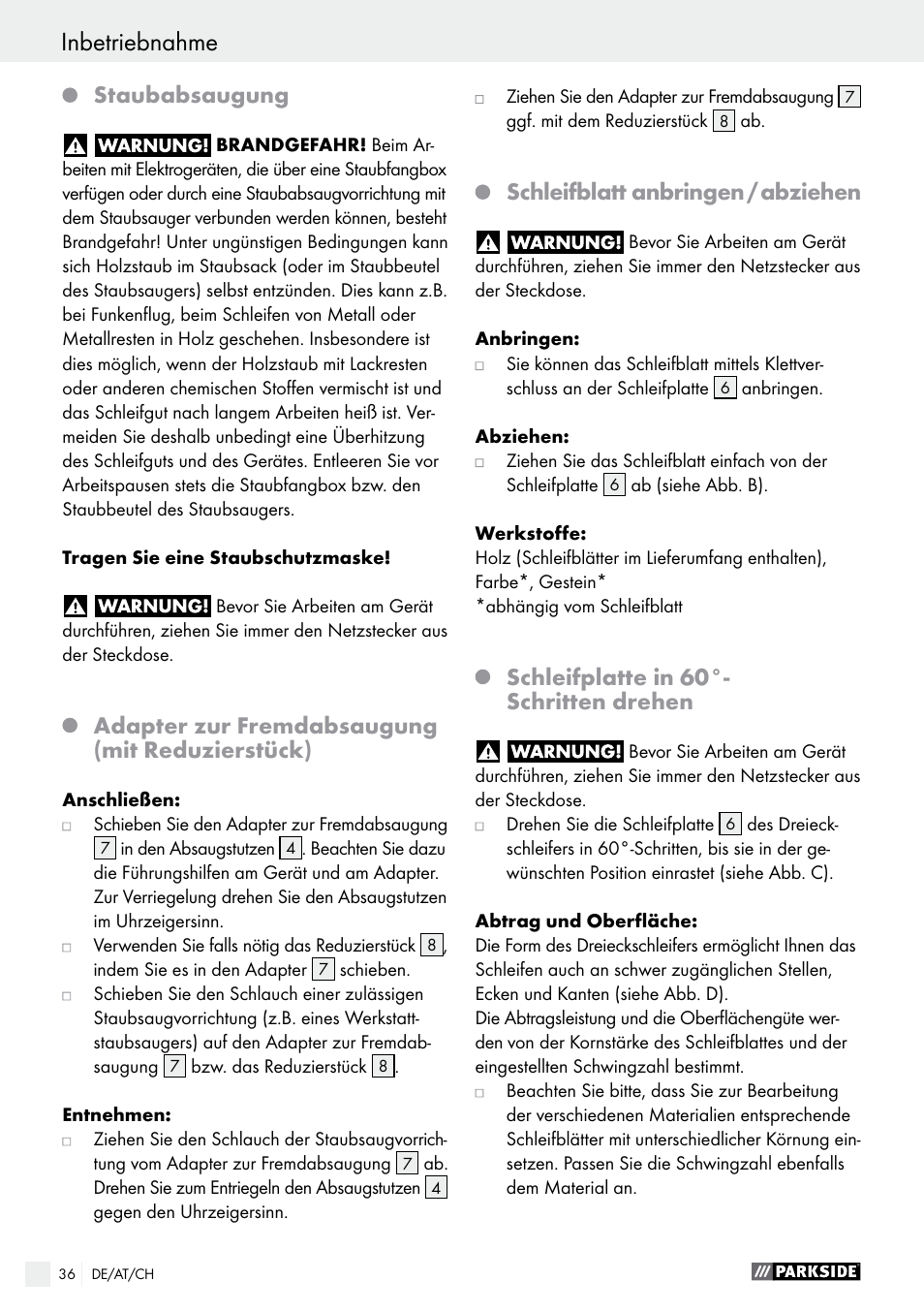 Staubabsaugung, Adapter zur fremdabsaugung (mit reduzierstück), Schleifblatt anbringen / abziehen | Schleifplatte in 60°- schritten drehen | Parkside PDS 290 A1 User Manual | Page 36 / 39