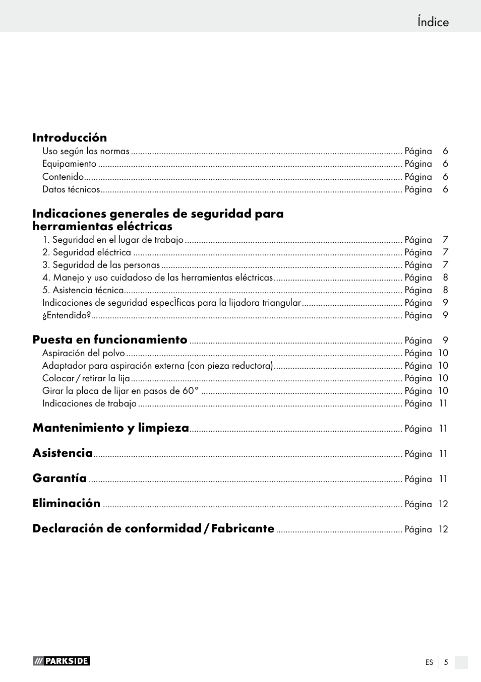 Índice | Parkside PDS 290 A1 User Manual | Page 5 / 39