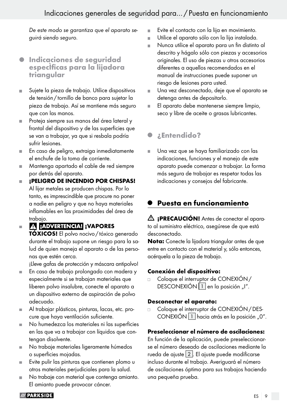 Entendido, Puesta en funcionamiento | Parkside PDS 290 A1 User Manual | Page 9 / 39