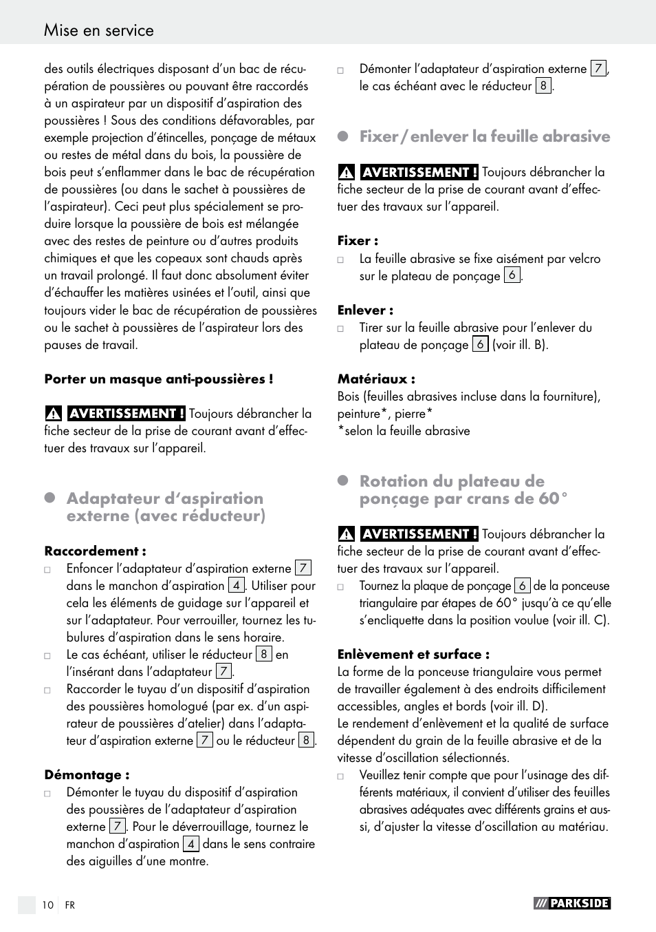 Adaptateur d‘aspiration externe (avec réducteur), Fixer / enlever la feuille abrasive, Rotation du plateau de ponçage par crans de 60 | Parkside PDS 290 A1 User Manual | Page 10 / 29