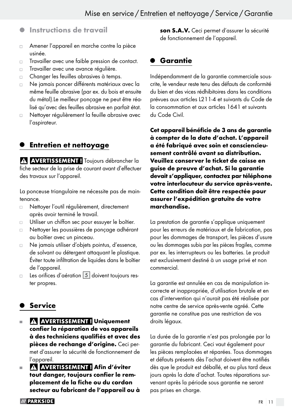 Instructions de travail, Entretien et nettoyage, Service | Garantie | Parkside PDS 290 A1 User Manual | Page 11 / 29