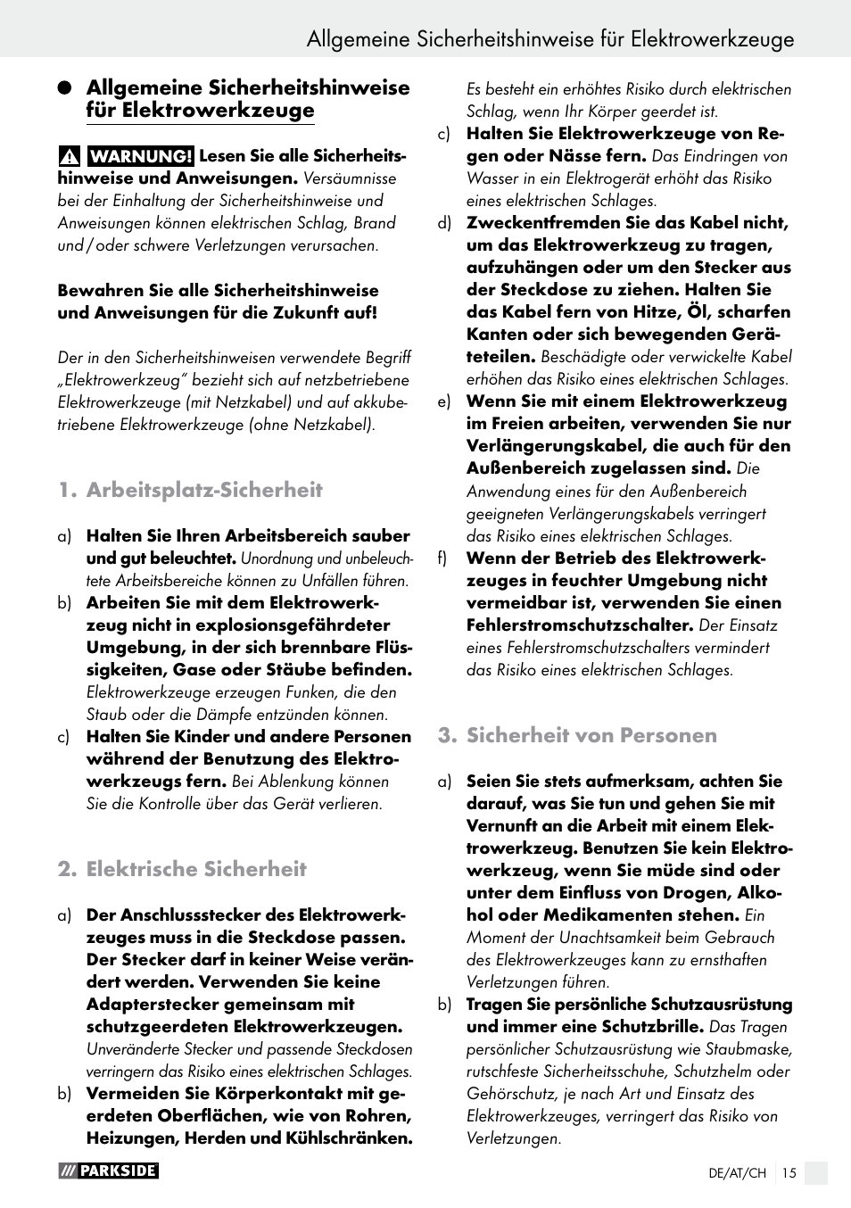 Arbeitsplatz-sicherheit, Elektrische sicherheit, Sicherheit von personen | Parkside PDS 290 A1 User Manual | Page 15 / 29