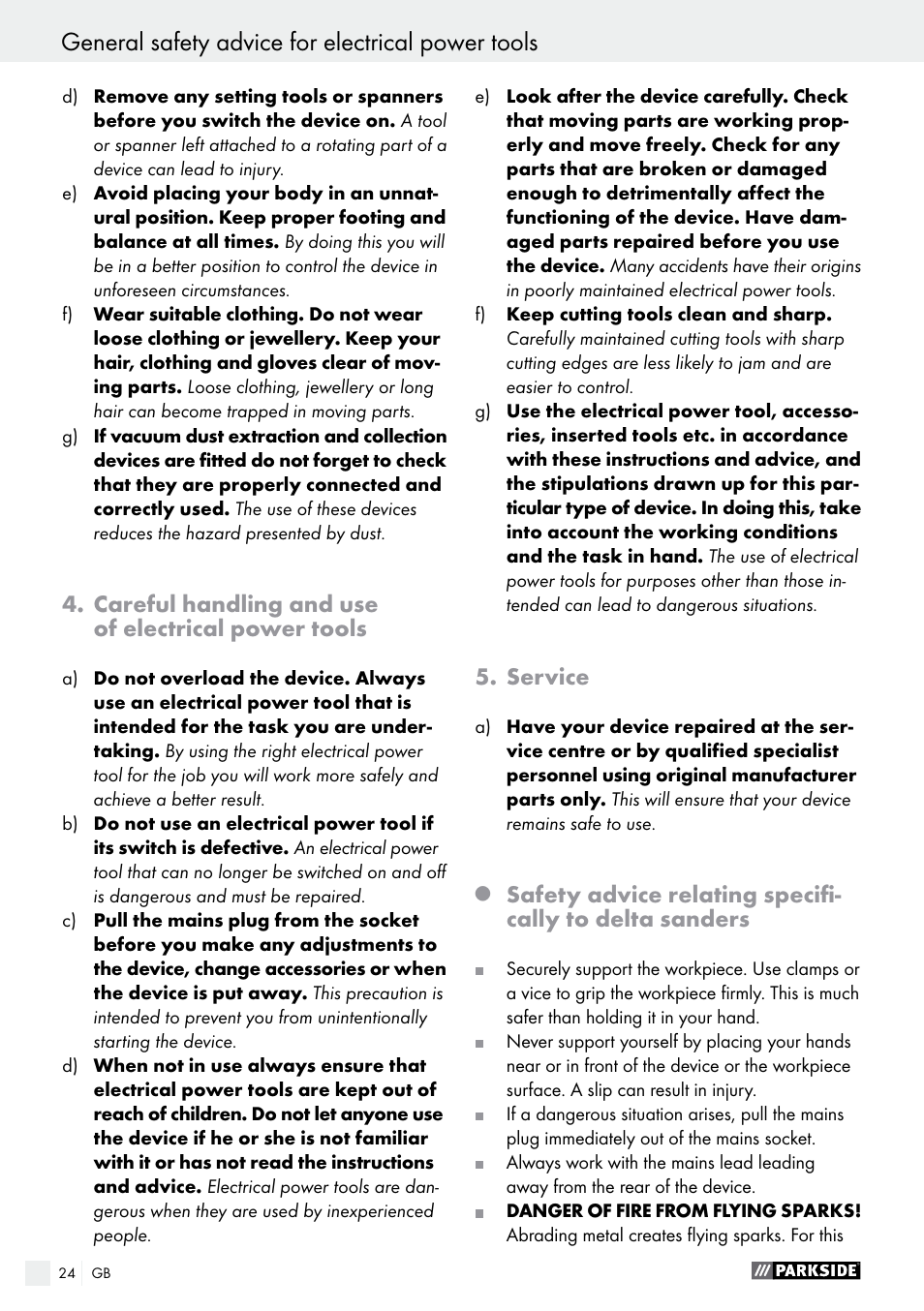 Careful handling and use of electrical power tools, Service | Parkside PDS 290 A1 User Manual | Page 24 / 29