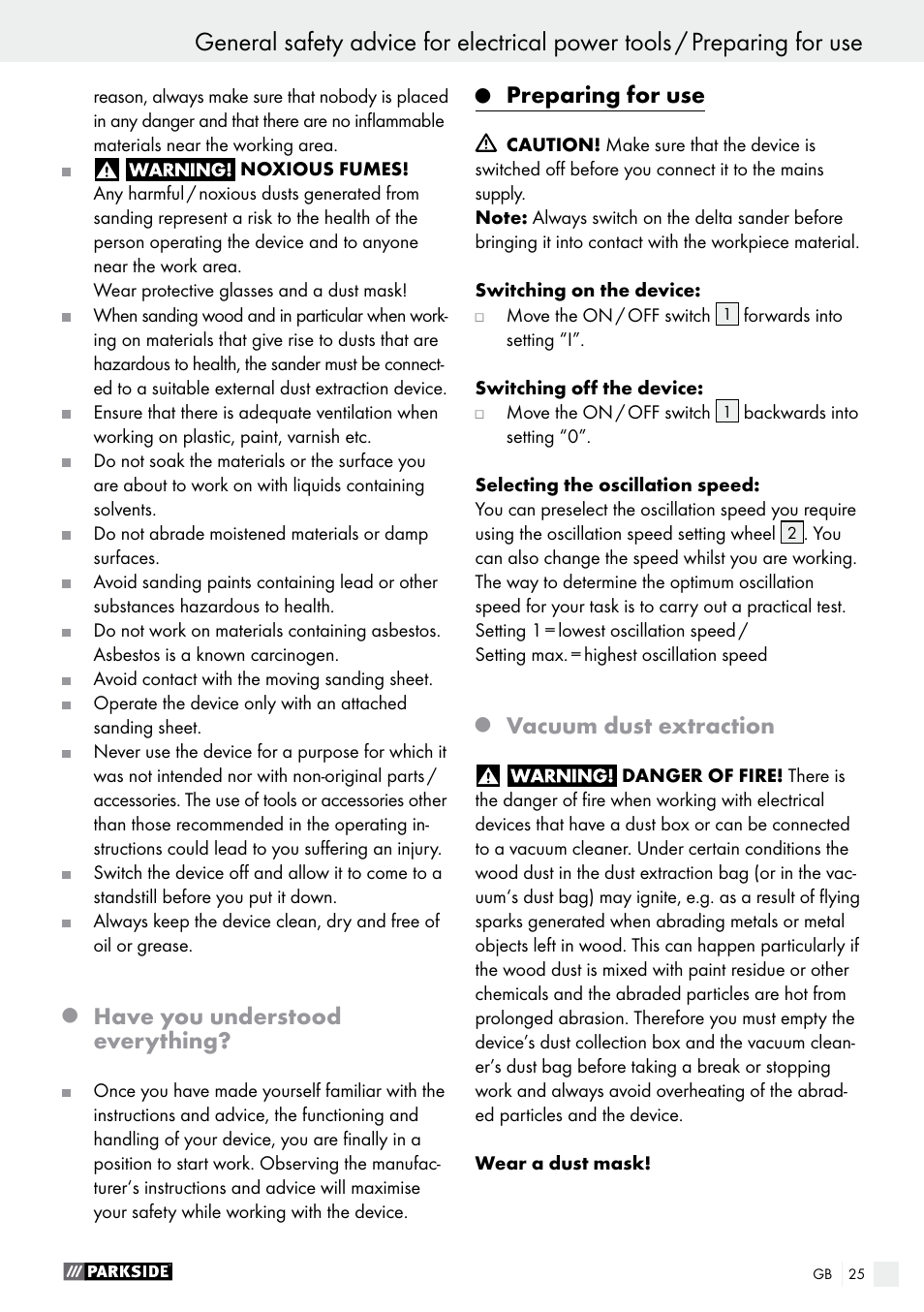 Have you understood everything, Preparing for use, Vacuum dust extraction | Parkside PDS 290 A1 User Manual | Page 25 / 29