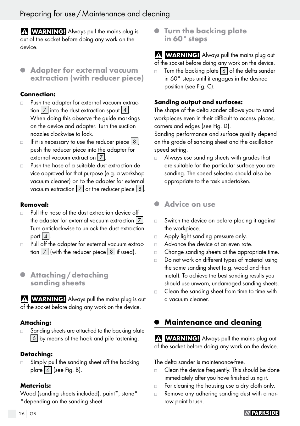 Attaching / detaching sanding sheets, Turn the backing plate in 60° steps, Advice on use | Maintenance and cleaning | Parkside PDS 290 A1 User Manual | Page 26 / 29