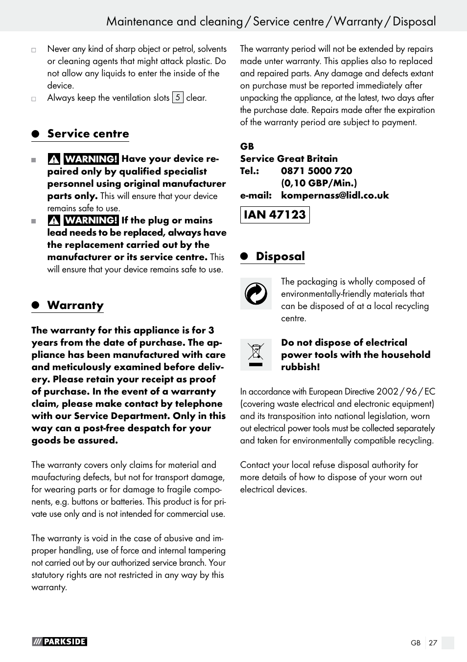 Service centre, Warranty, Disposal | Parkside PDS 290 A1 User Manual | Page 27 / 29