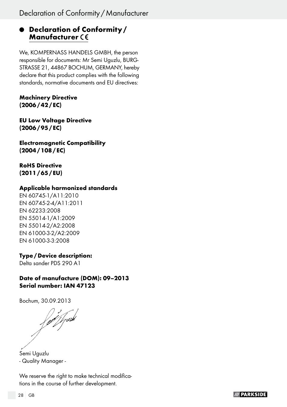 Declaration of conformity / manufacturer | Parkside PDS 290 A1 User Manual | Page 28 / 29