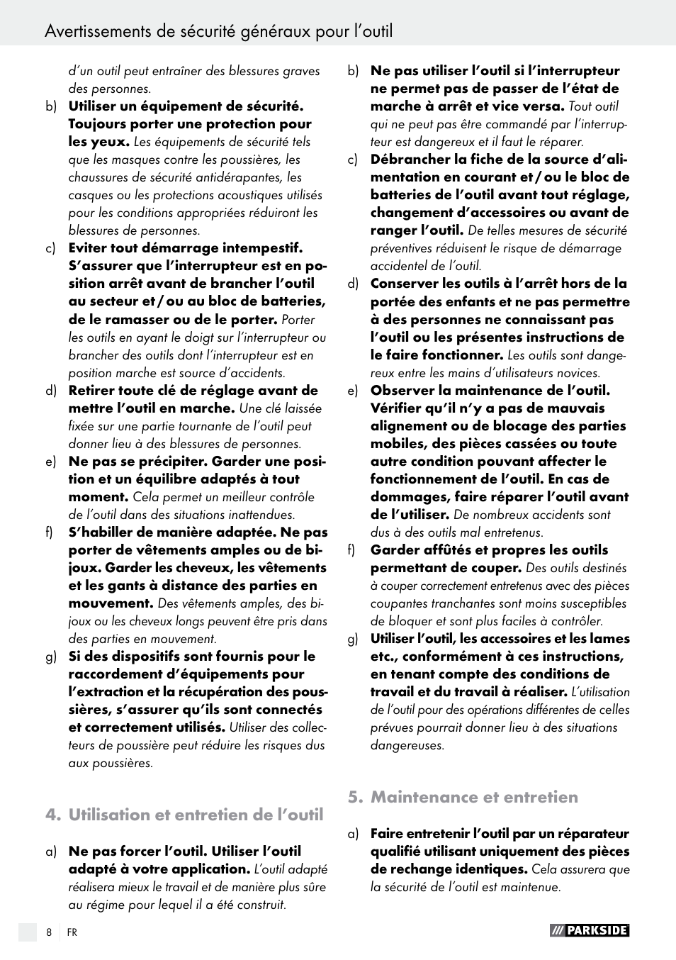 Utilisation et entretien de l’outil, Maintenance et entretien | Parkside PDS 290 A1 User Manual | Page 8 / 29