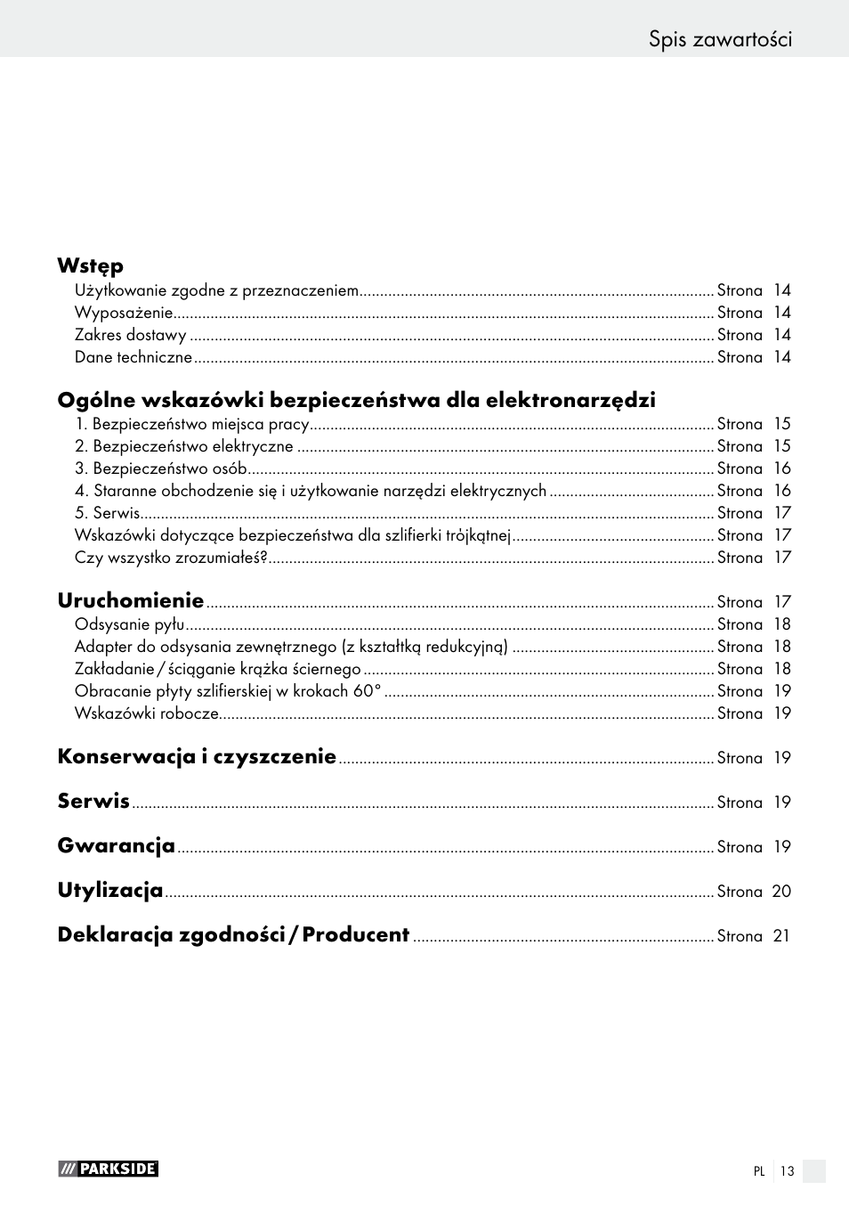 Spis zawartości, Declaration of conformity / manufacturer | Parkside PDS 290 A1 User Manual | Page 13 / 65