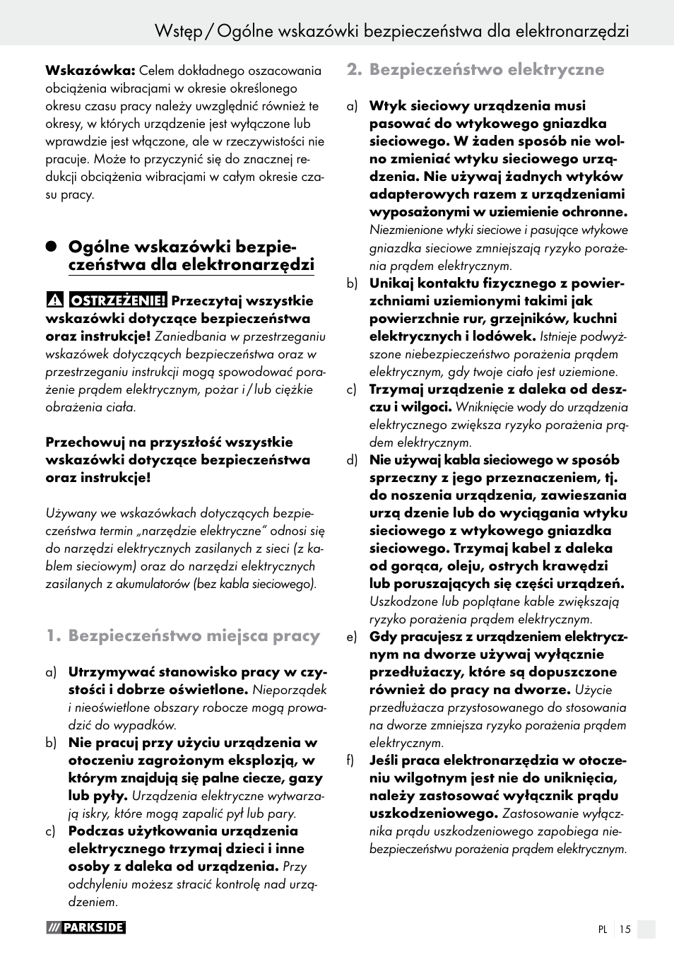 Bezpieczeństwo miejsca pracy, Bezpieczeństwo elektryczne | Parkside PDS 290 A1 User Manual | Page 15 / 65