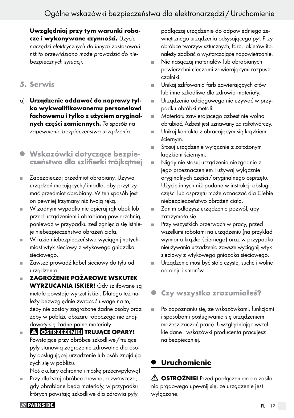 Serwis, Czy wszystko zrozumiałeś, Uruchomienie | Parkside PDS 290 A1 User Manual | Page 17 / 65