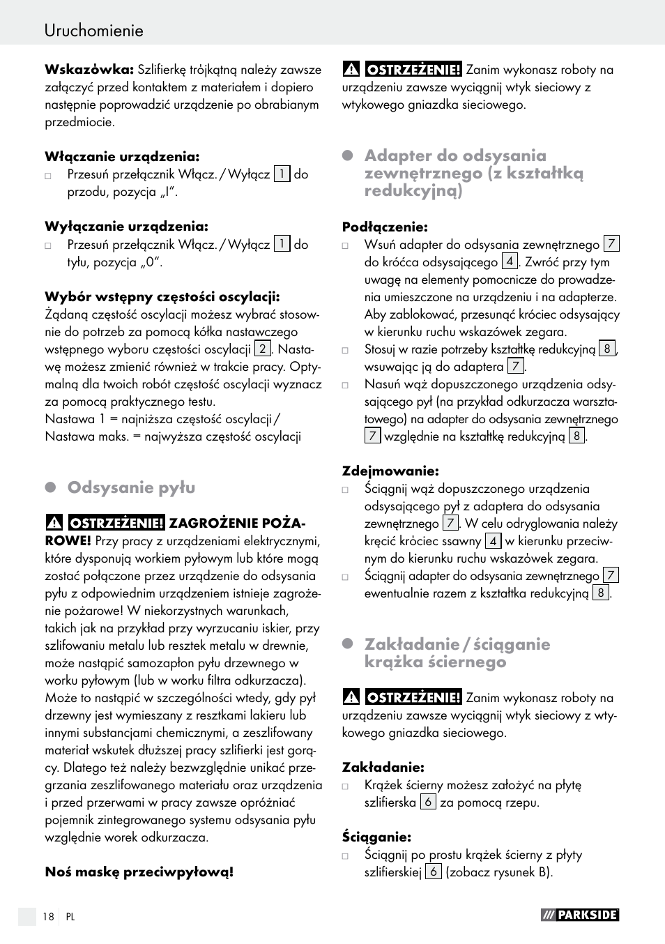 Odsysanie pyłu, Zakładanie / ściąganie krążka ściernego | Parkside PDS 290 A1 User Manual | Page 18 / 65