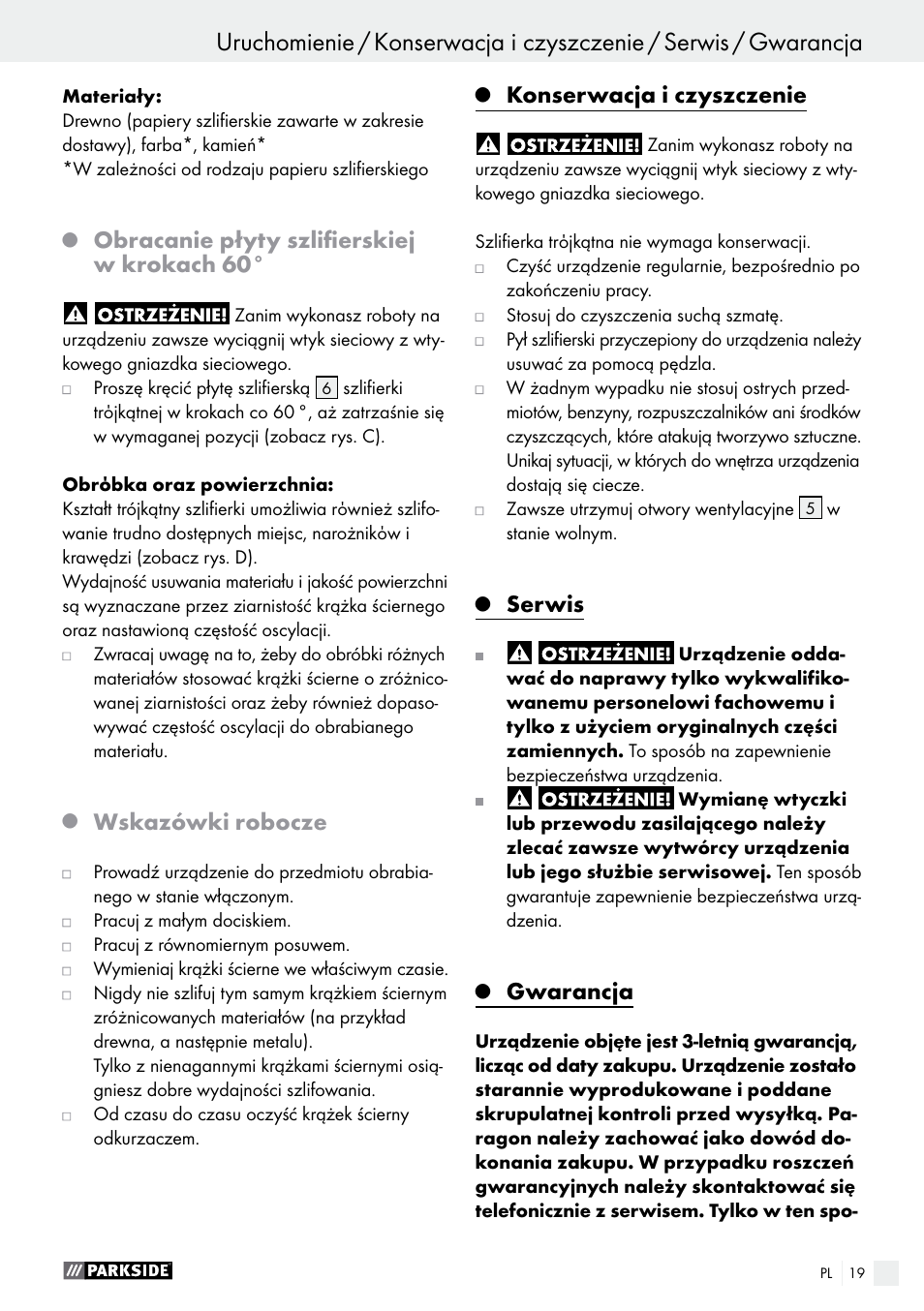 Obracanie płyty szlifierskiej w krokach 60, Wskazówki robocze, Konserwacja i czyszczenie | Serwis, Gwarancja | Parkside PDS 290 A1 User Manual | Page 19 / 65