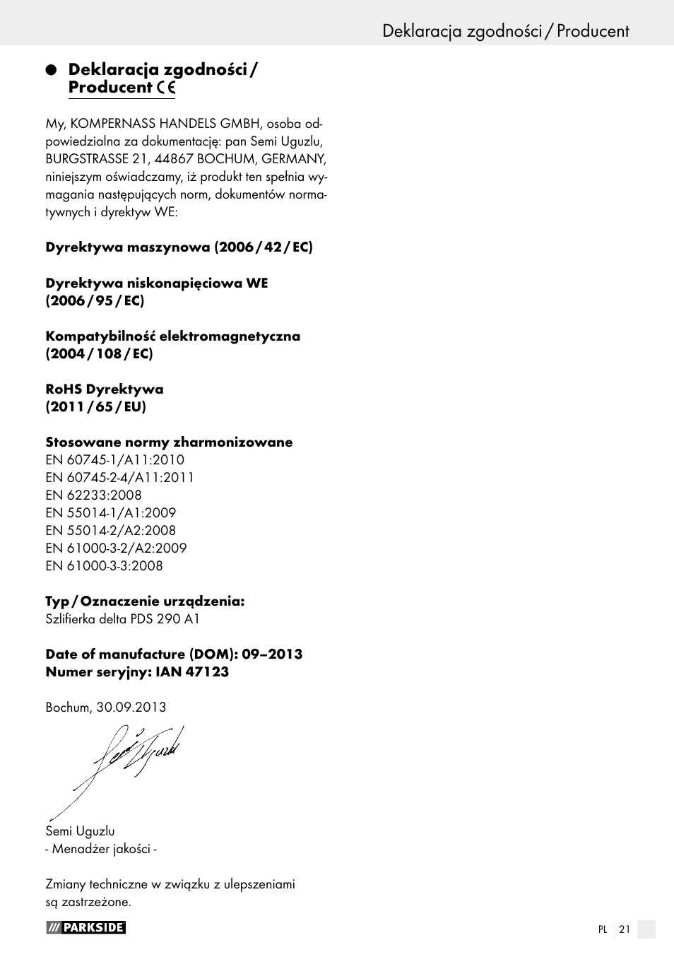 Deklaracja zgodności / producent | Parkside PDS 290 A1 User Manual | Page 21 / 65
