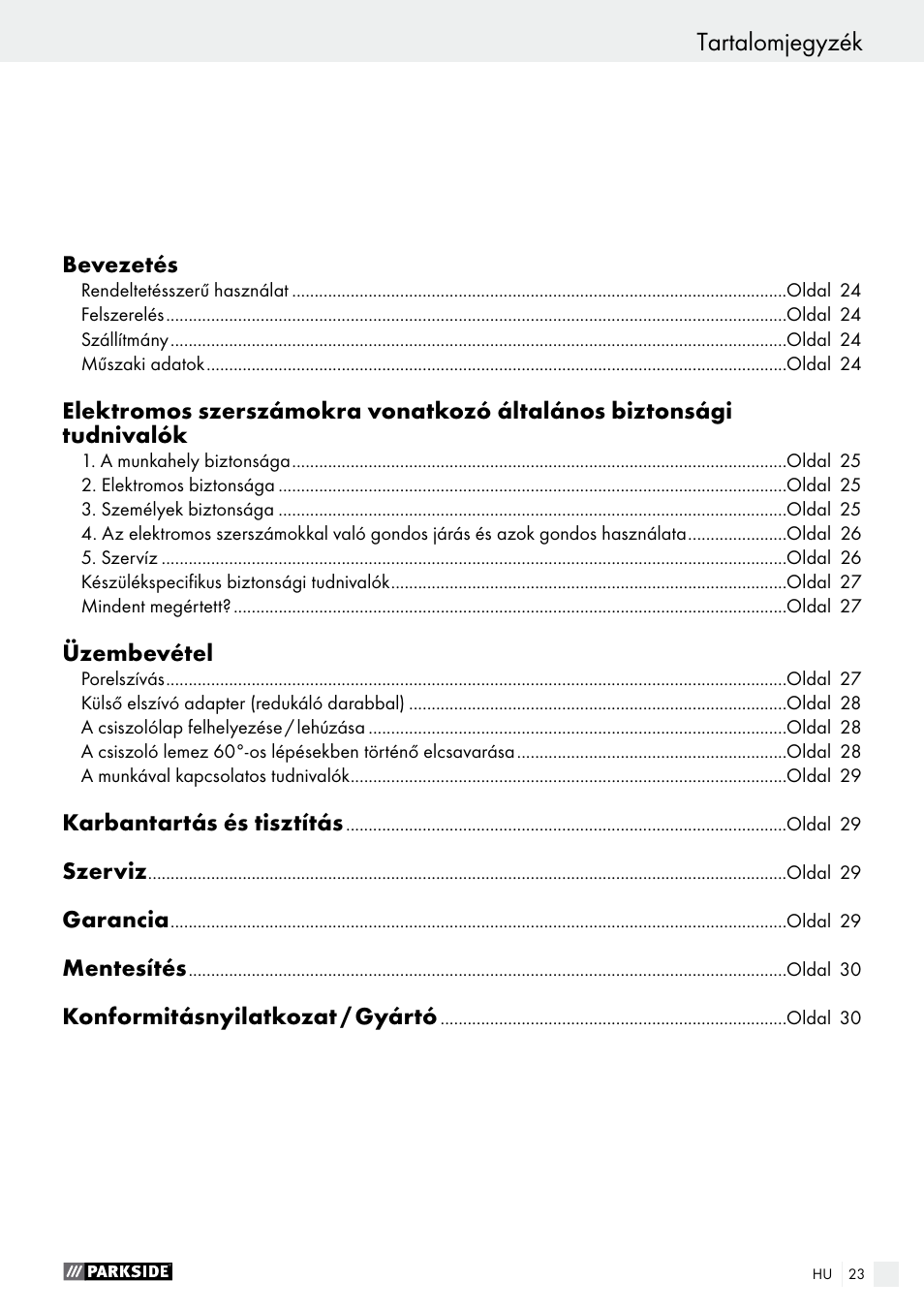 Tartalomjegyzék | Parkside PDS 290 A1 User Manual | Page 23 / 65