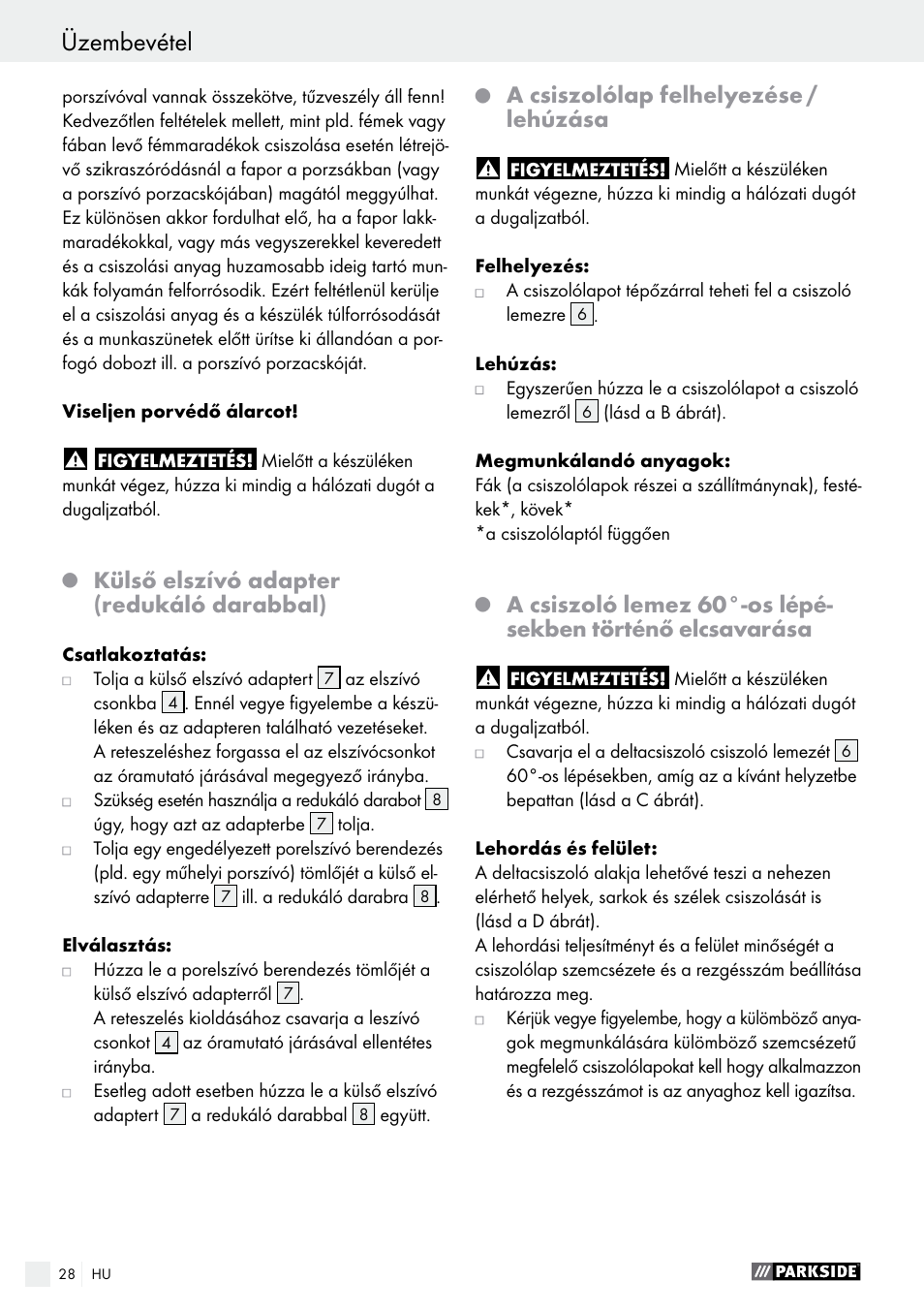 Külső elszívó adapter (redukáló darabbal), A csiszolólap felhelyezése / lehúzása | Parkside PDS 290 A1 User Manual | Page 28 / 65