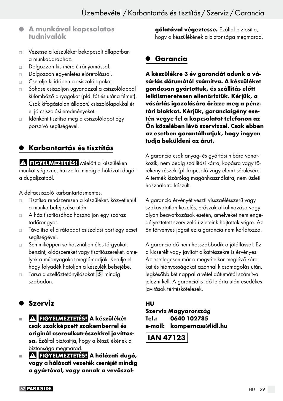 A munkával kapcsolatos tudnivalók, Karbantartás és tisztítás, Szerviz | Garancia | Parkside PDS 290 A1 User Manual | Page 29 / 65