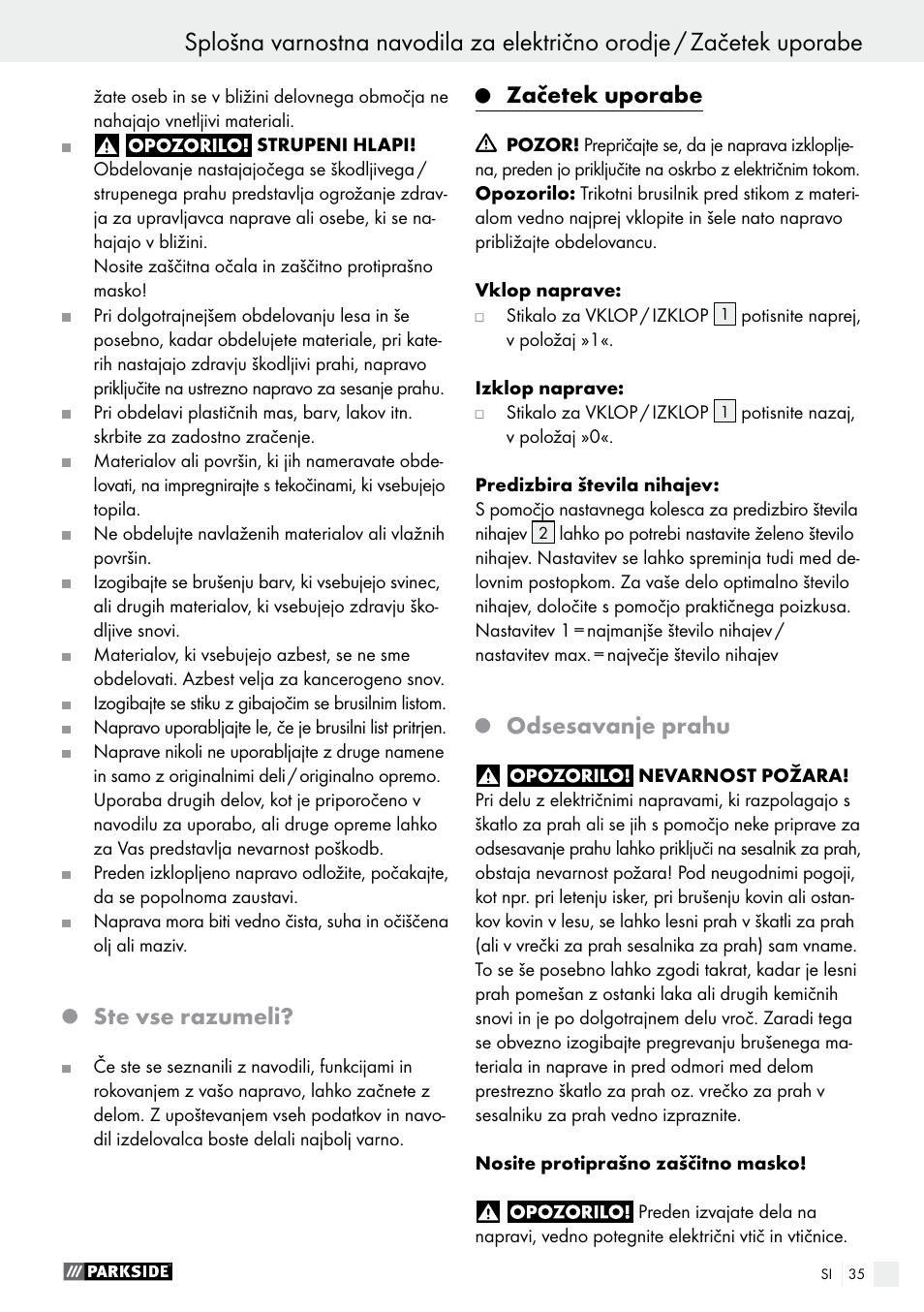 Ste vse razumeli, Začetek uporabe, Odsesavanje prahu | Parkside PDS 290 A1 User Manual | Page 35 / 65