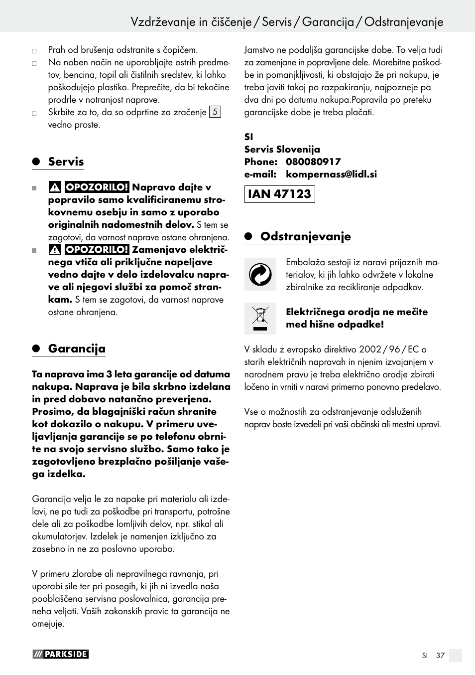 Servis, Garancija, Odstranjevanje | Parkside PDS 290 A1 User Manual | Page 37 / 65