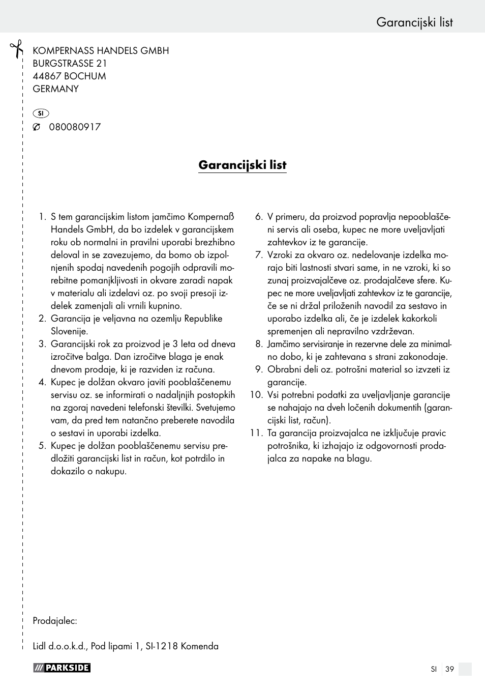 Garancijski list izjava o skladnosti / izdelovalec, Garancijski list | Parkside PDS 290 A1 User Manual | Page 39 / 65