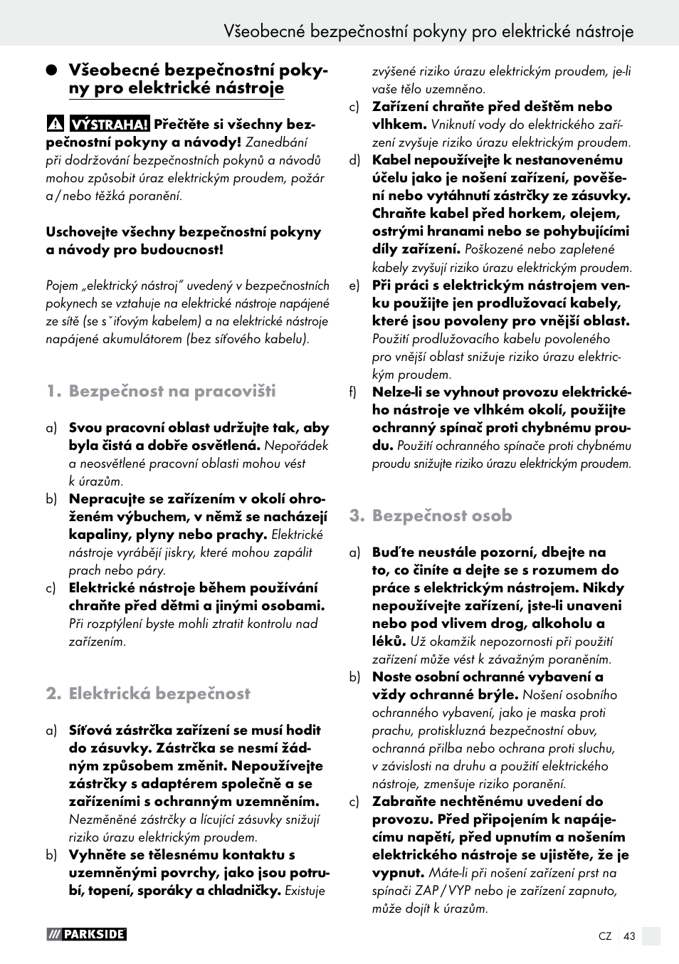 Úvod, Bezpečnost na pracovišti, Elektrická bezpečnost | Bezpečnost osob | Parkside PDS 290 A1 User Manual | Page 43 / 65