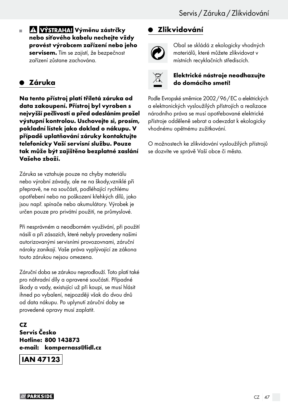 Uvedení do provozu / údržba a čistění / servis, Servis / záruka / zlikvidování, Záruka | Zlikvidování | Parkside PDS 290 A1 User Manual | Page 47 / 65