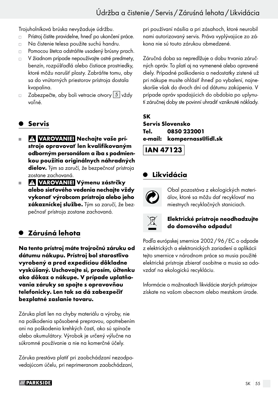 Servis, Záruśná lehota, Likvidácia | Parkside PDS 290 A1 User Manual | Page 55 / 65