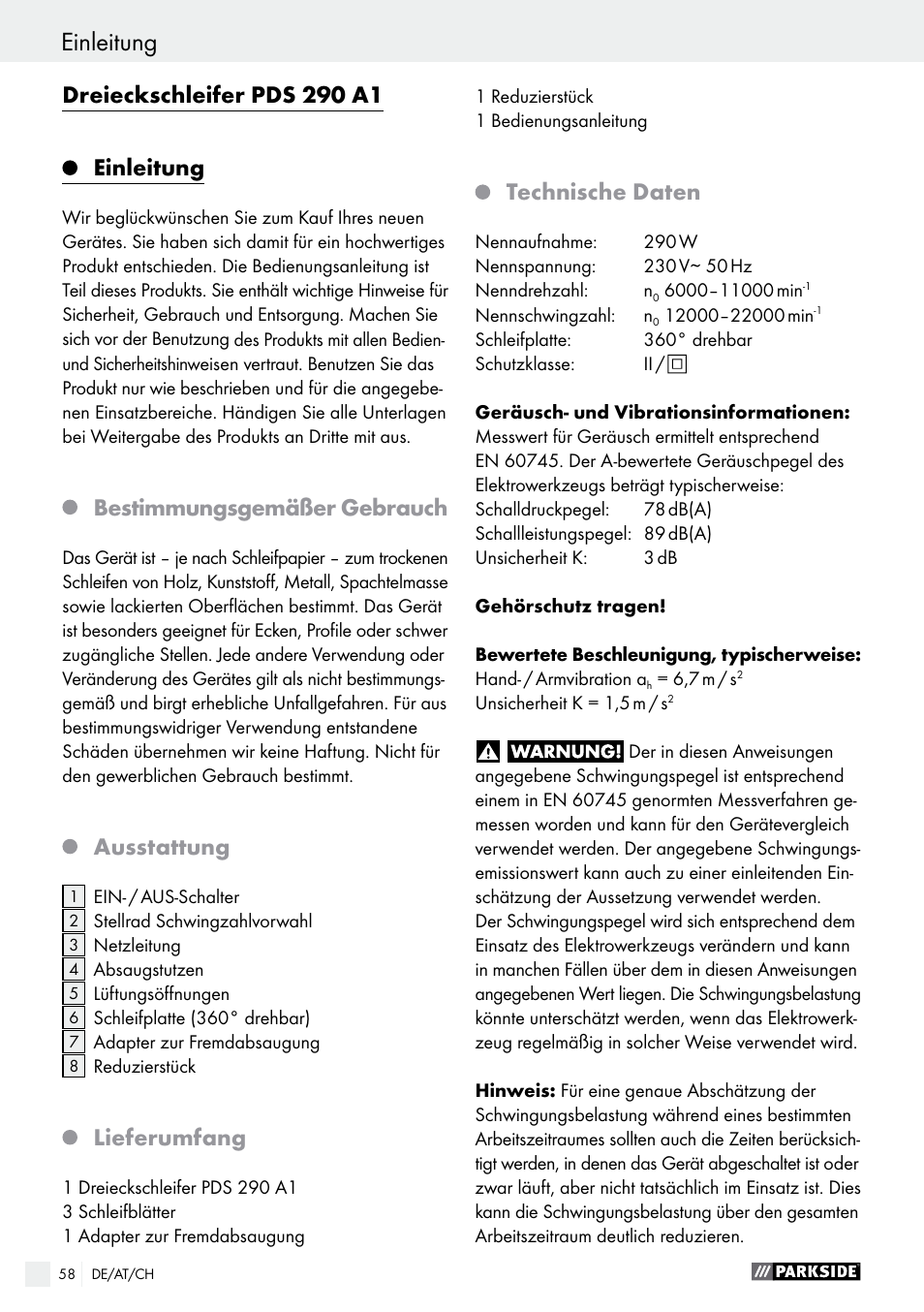 Dreieckschleifer pds 290 a1 einleitung, Bestimmungsgemäßer gebrauch, Ausstattung | Lieferumfang, Technische daten | Parkside PDS 290 A1 User Manual | Page 58 / 65