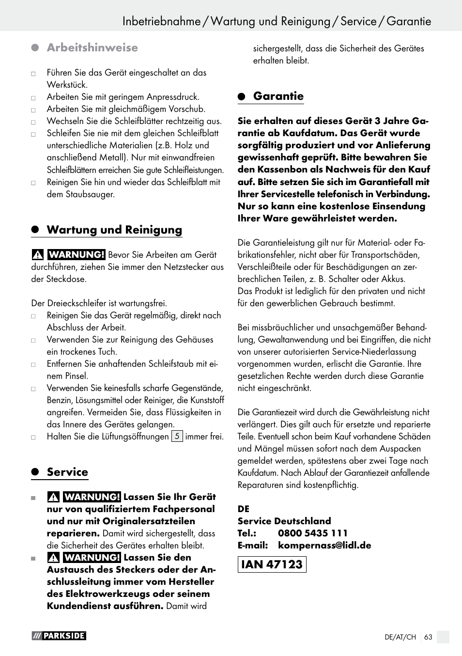 Inbetriebnahme, Arbeitshinweise, Wartung und reinigung | Service, Garantie | Parkside PDS 290 A1 User Manual | Page 63 / 65