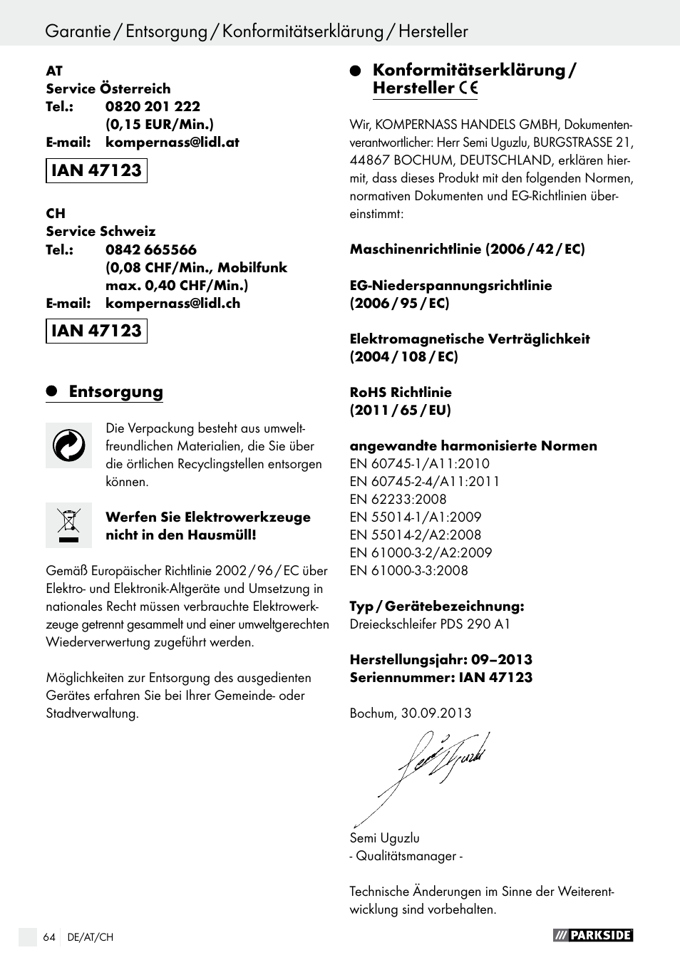 Konformitätserklärung / hersteller | Parkside PDS 290 A1 User Manual | Page 64 / 65