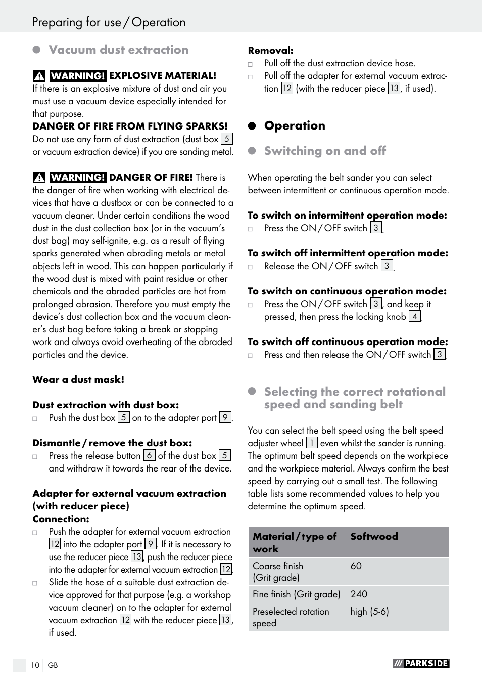 Vacuum dust extraction, Operation, Switching on and off | Parkside PBS 600 A1 User Manual | Page 10 / 77