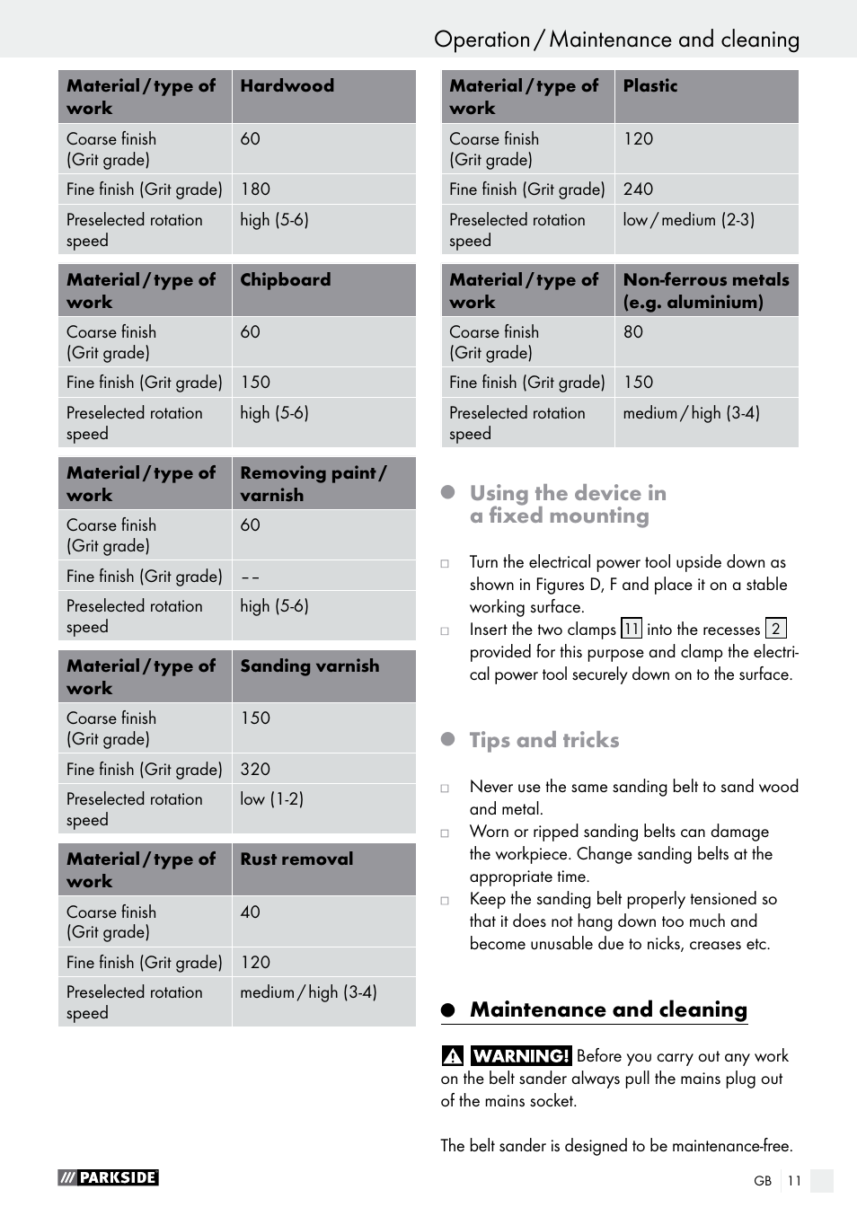 Using the device in a fixed mounting, Tips and tricks, Maintenance and cleaning | Parkside PBS 600 A1 User Manual | Page 11 / 77