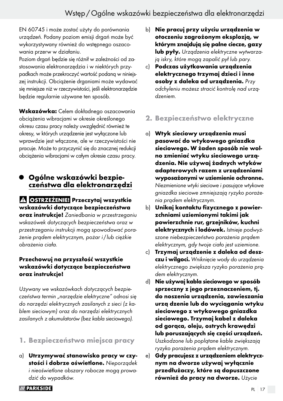 Wstęp, Bezpieczeństwo miejsca pracy, Bezpieczeństwo elektryczne | Parkside PBS 600 A1 User Manual | Page 17 / 77