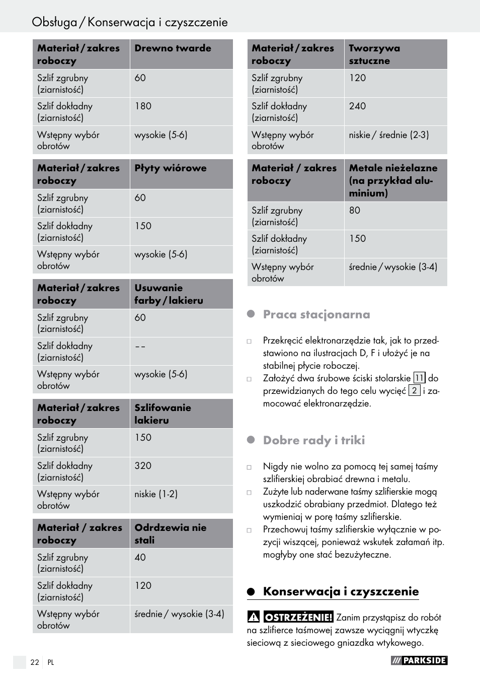 Obsługa / konserwacja i czyszczenie, Praca stacjonarna, Dobre rady i triki | Konserwacja i czyszczenie | Parkside PBS 600 A1 User Manual | Page 22 / 77