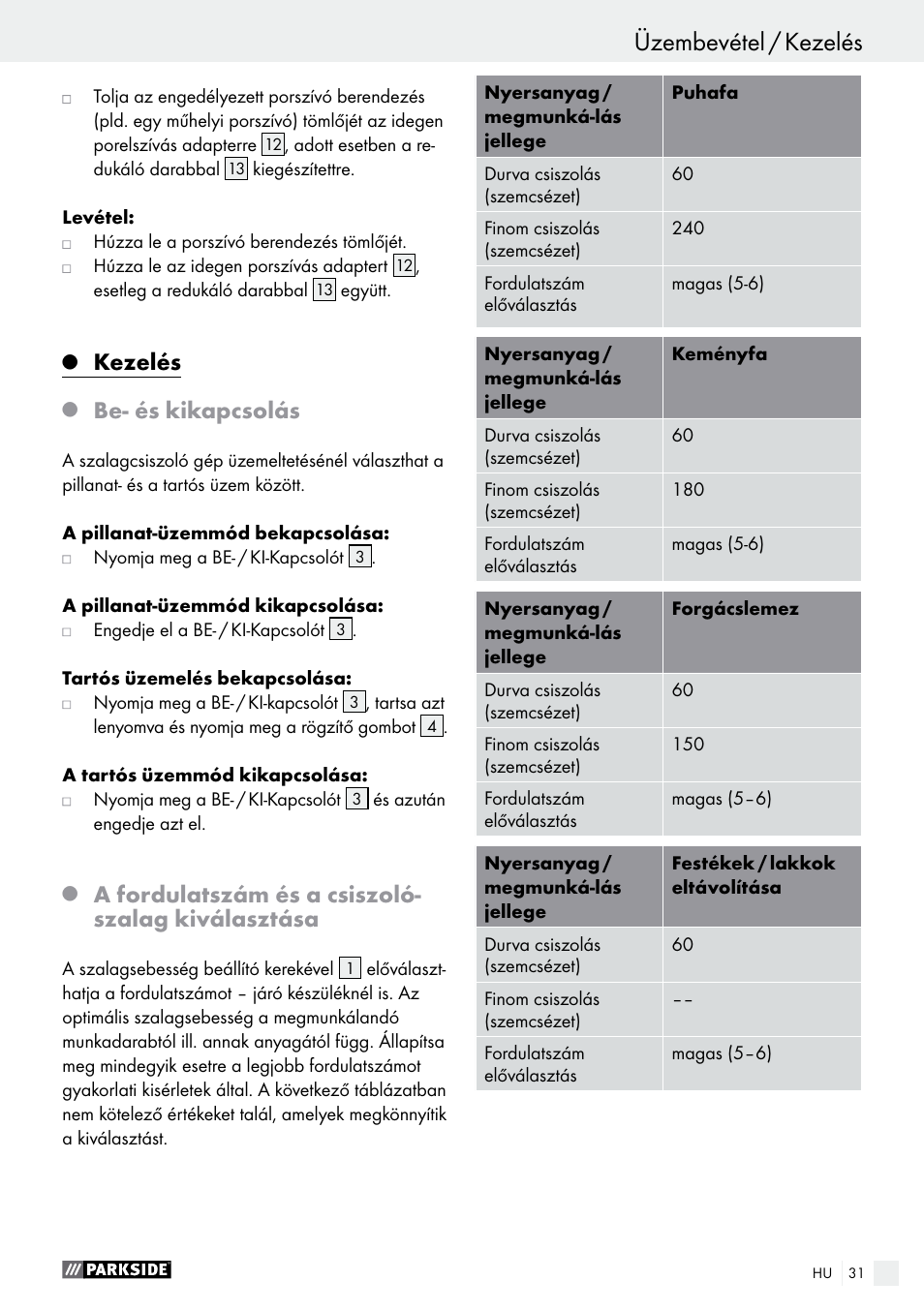 Üzembevétel / kezelés üzembevétel, Kezelés, Be- és kikapcsolás | A fordulatszám és a csiszoló- szalag kiválasztása | Parkside PBS 600 A1 User Manual | Page 31 / 77