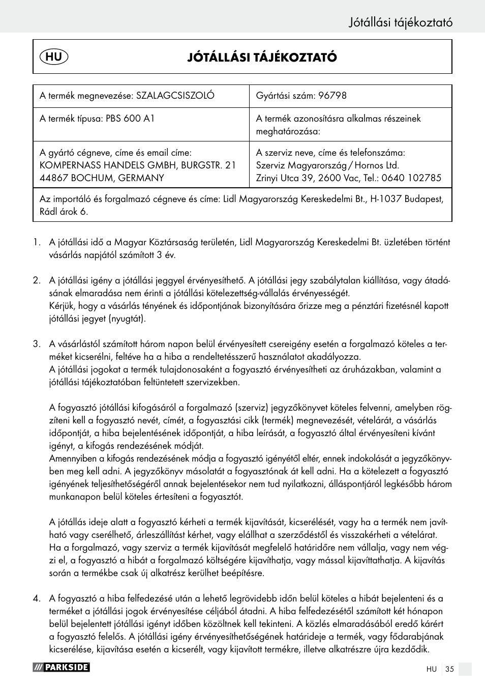 Jótállási tájékoztató | Parkside PBS 600 A1 User Manual | Page 35 / 77